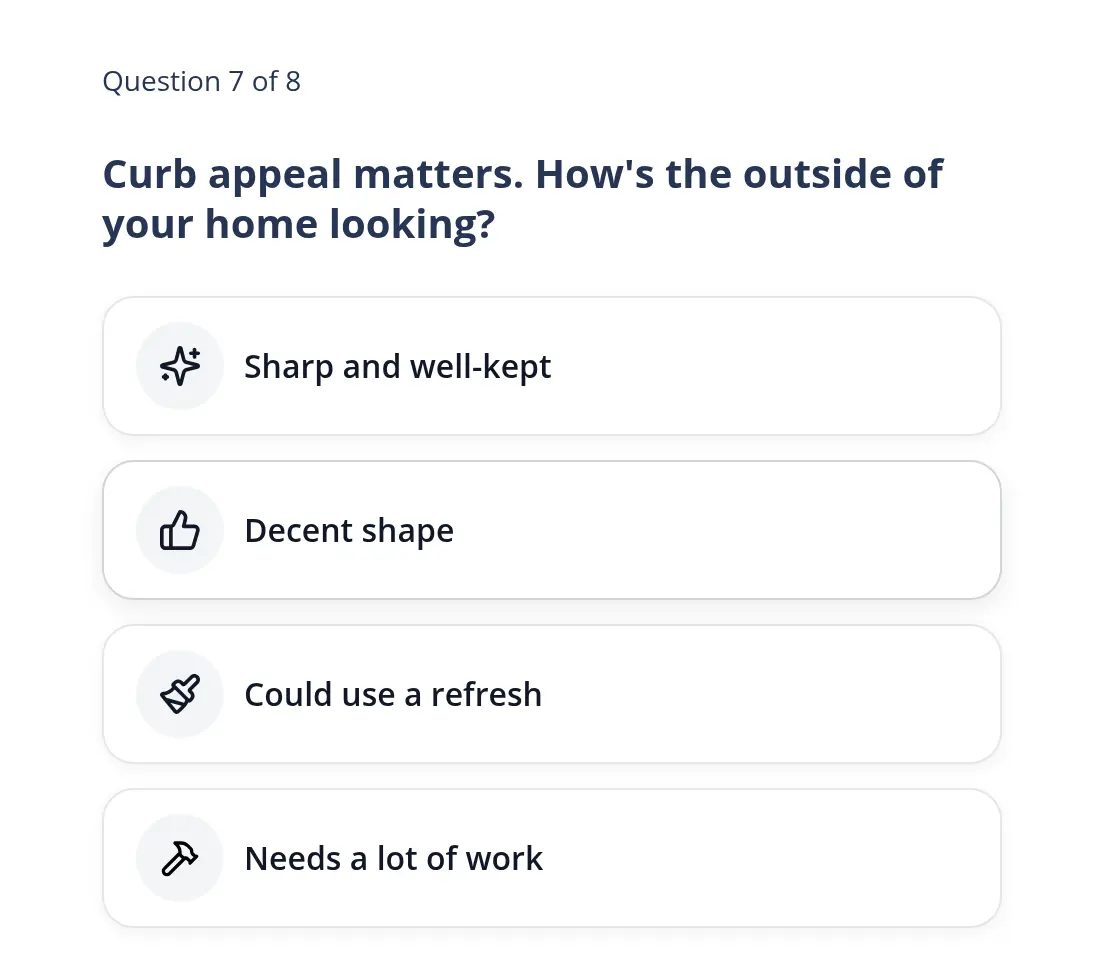 HomeLight multi-step form screen 9: asks you to rate the outside of the home