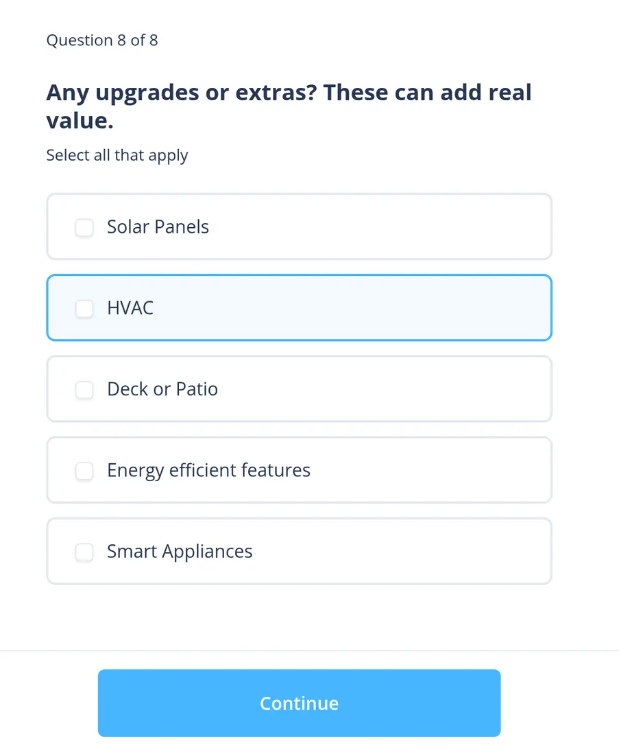 HomeLight multi-step form screen 10: asks which upgrades the home has, such as solar panels, HVAC or a deck