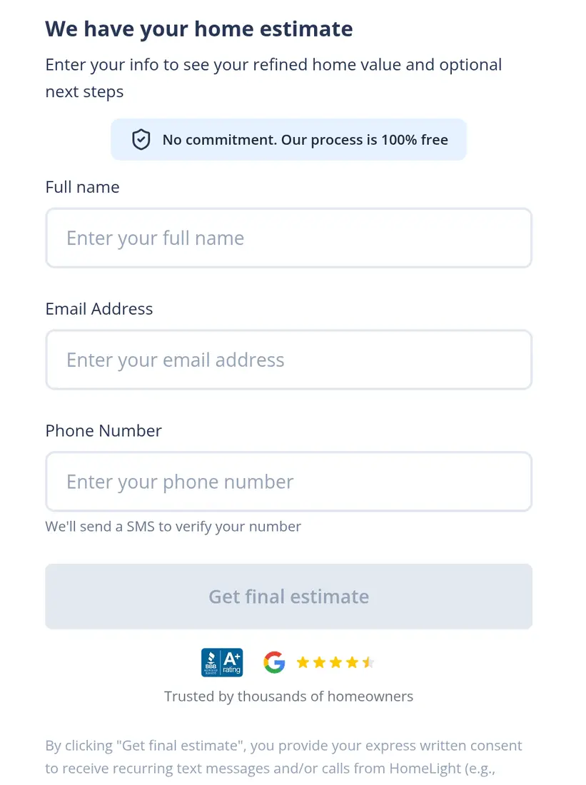 HomeLight multi-step form screen 11: asks for full name, email and phone number before the Get final estimate button
