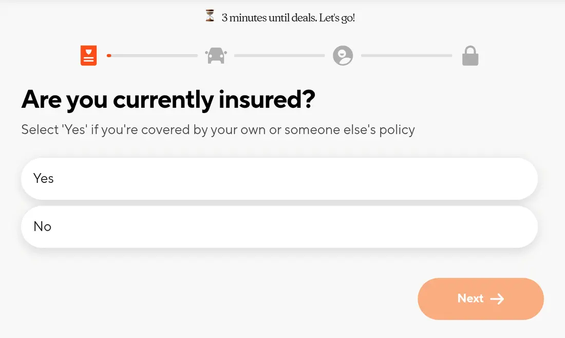 Insurify multi-step form screen 1: whether you are currently insured, as Yes and No buttons