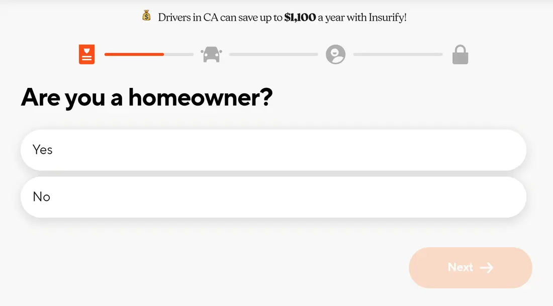 Insurify multi-step form screen 3: whether you own your home