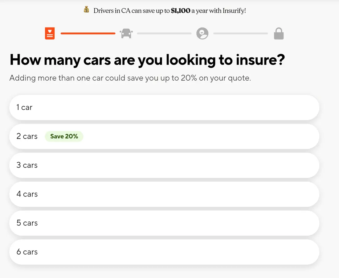 Insurify multi-step form screen 4: how many cars to insure, with a Save 20% tag on two cars