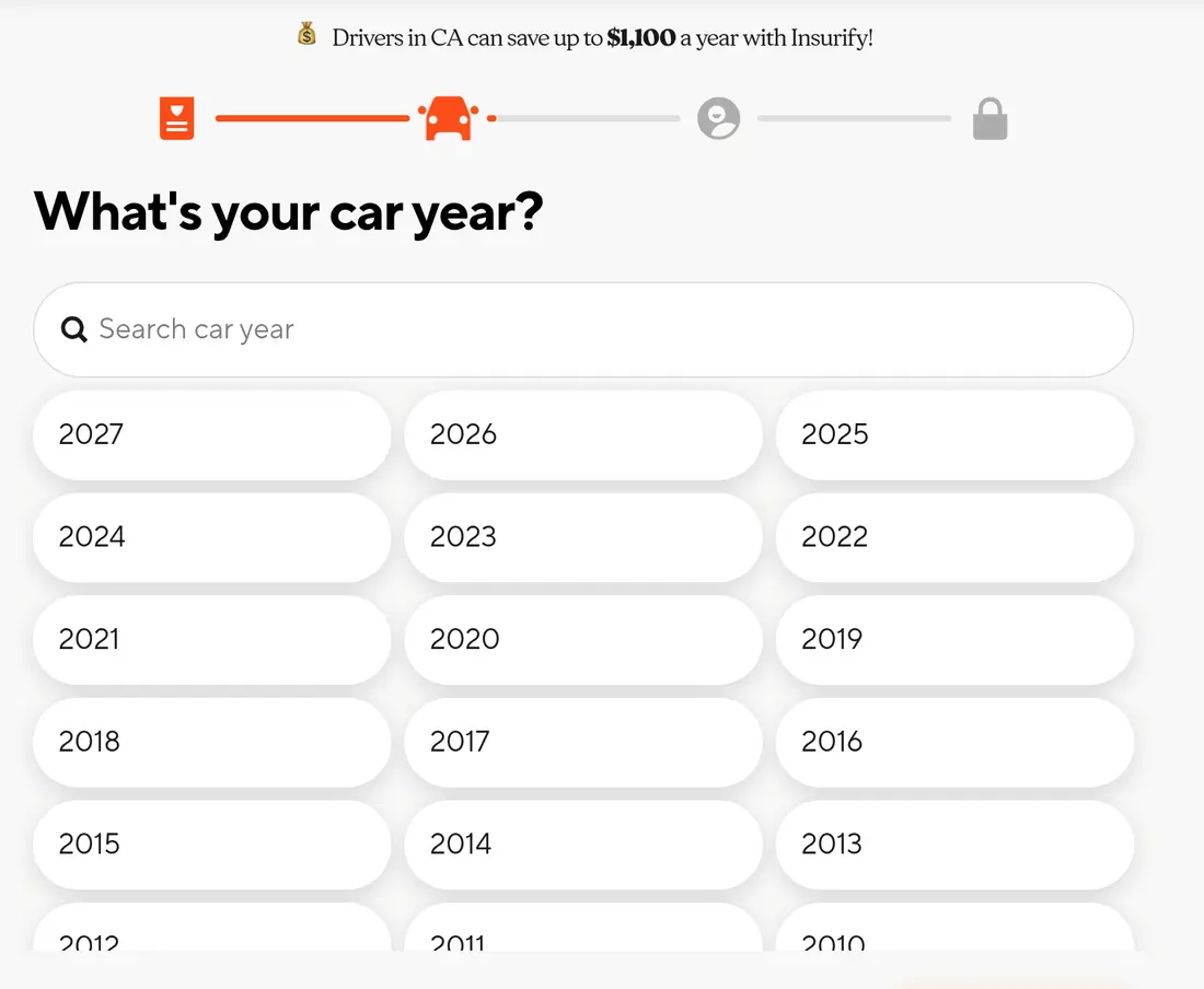 Insurify multi-step form screen 5: the car&#x27;s model year, as a search box over a grid of year buttons