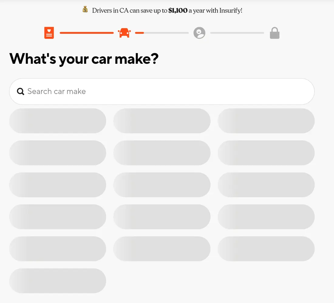Insurify multi-step form screen 6: the car make question while the list of makes loads