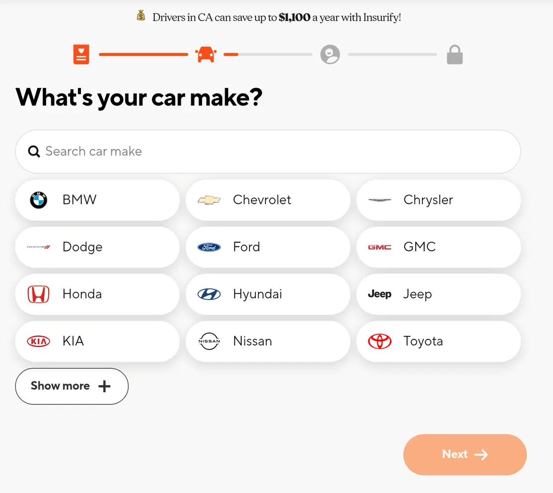 Insurify multi-step form screen 7: the car make, as a search box and logo buttons for popular brands