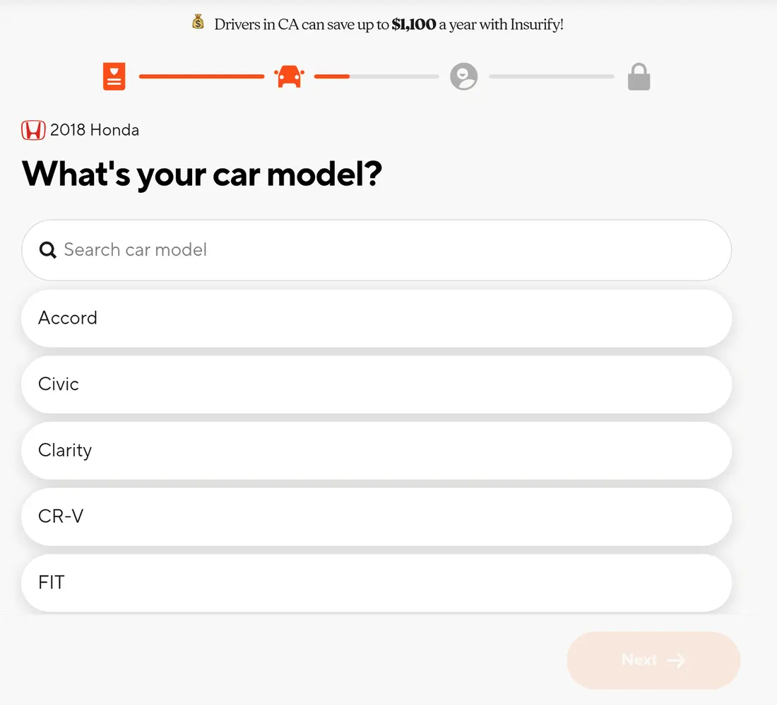 Insurify multi-step form screen 8: the model of the 2018 Honda, as a search box and a list of models