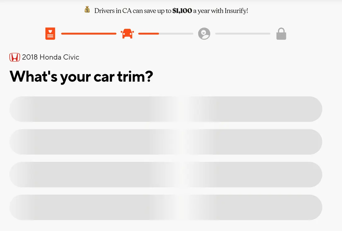 Insurify multi-step form screen 9: the trim question while the trims for the 2018 Honda Civic load