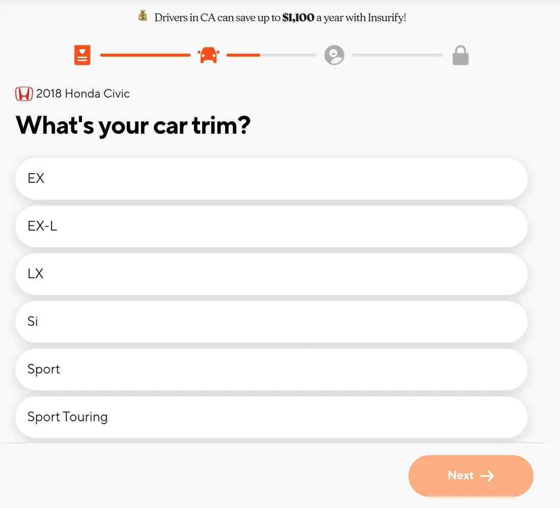 Insurify multi-step form screen 10: the trim of the 2018 Honda Civic, from EX to Sport Touring