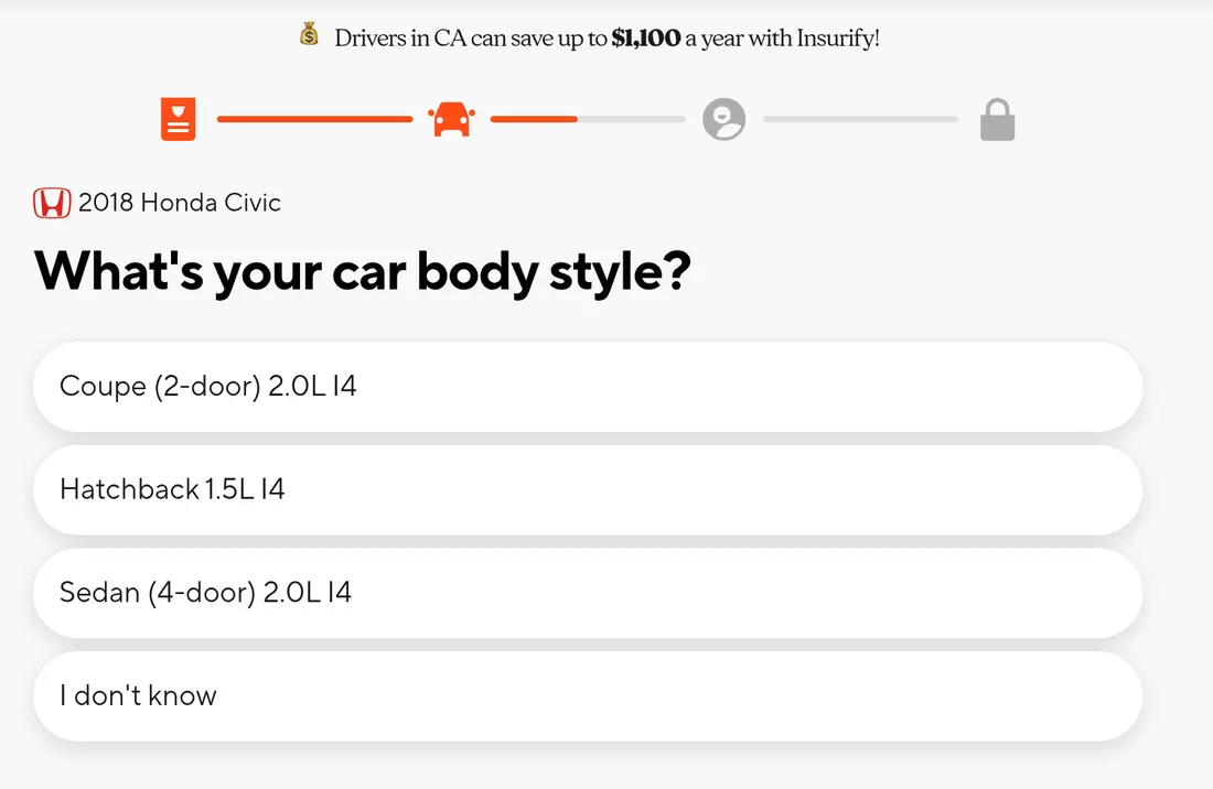 Insurify multi-step form screen 11: the body style and engine of the car, with an I don&#x27;t know option