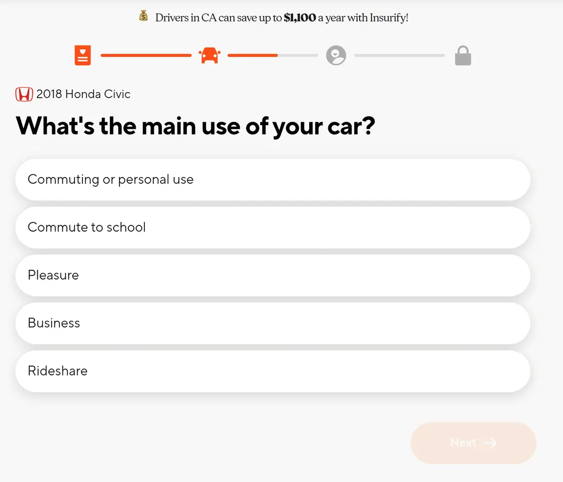 Insurify multi-step form screen 12: the main use of the car, from commuting to rideshare