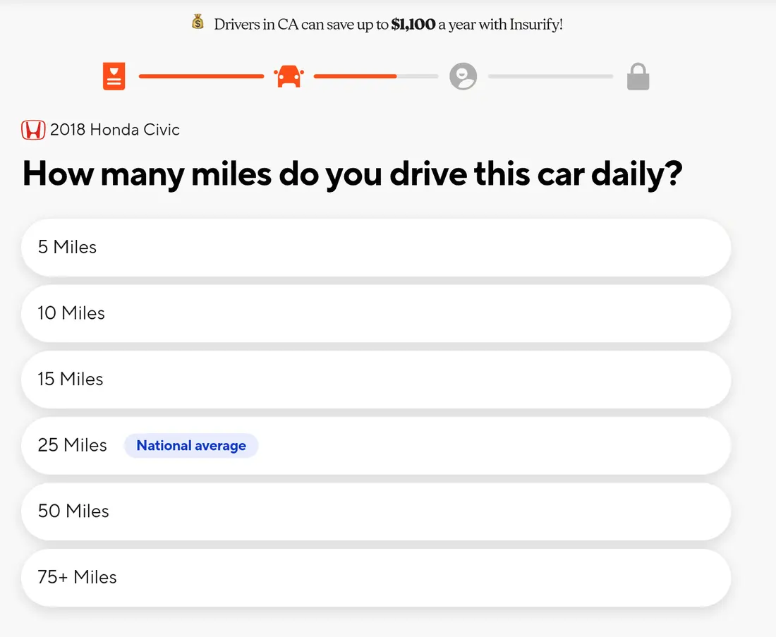 Insurify multi-step form screen 13: daily miles driven, with the national average tagged