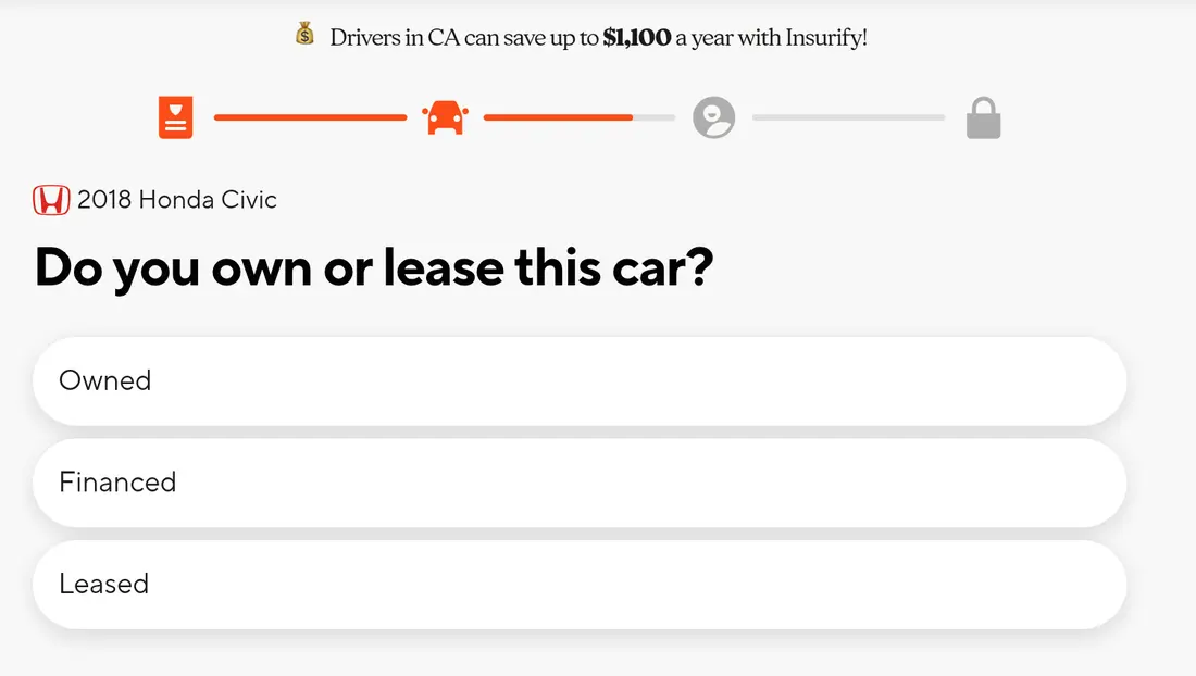 Insurify multi-step form screen 14: whether the car is owned, financed or leased