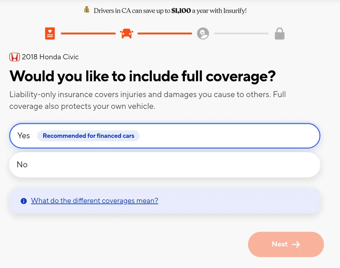 Insurify multi-step form screen 15: whether to include full coverage, with a short explanation and a recommended tag