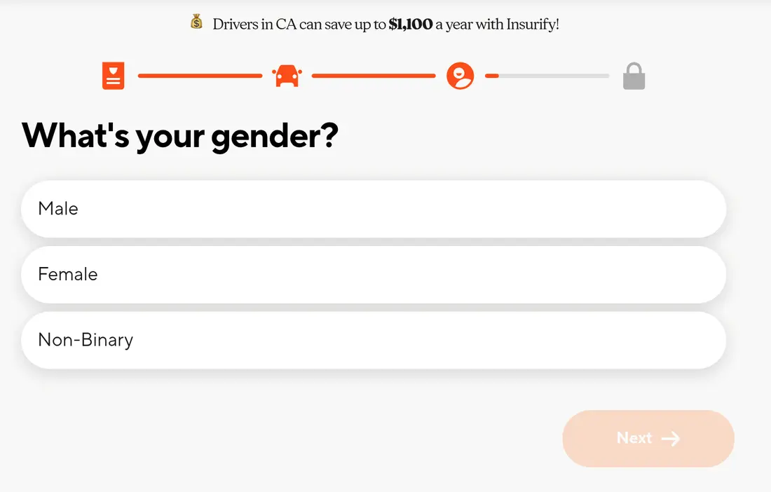 Insurify multi-step form screen 17: the driver&#x27;s gender