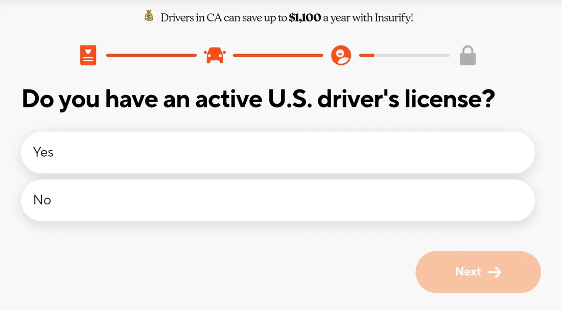 Insurify multi-step form screen 18: whether the driver has an active U.S. driver&#x27;s license