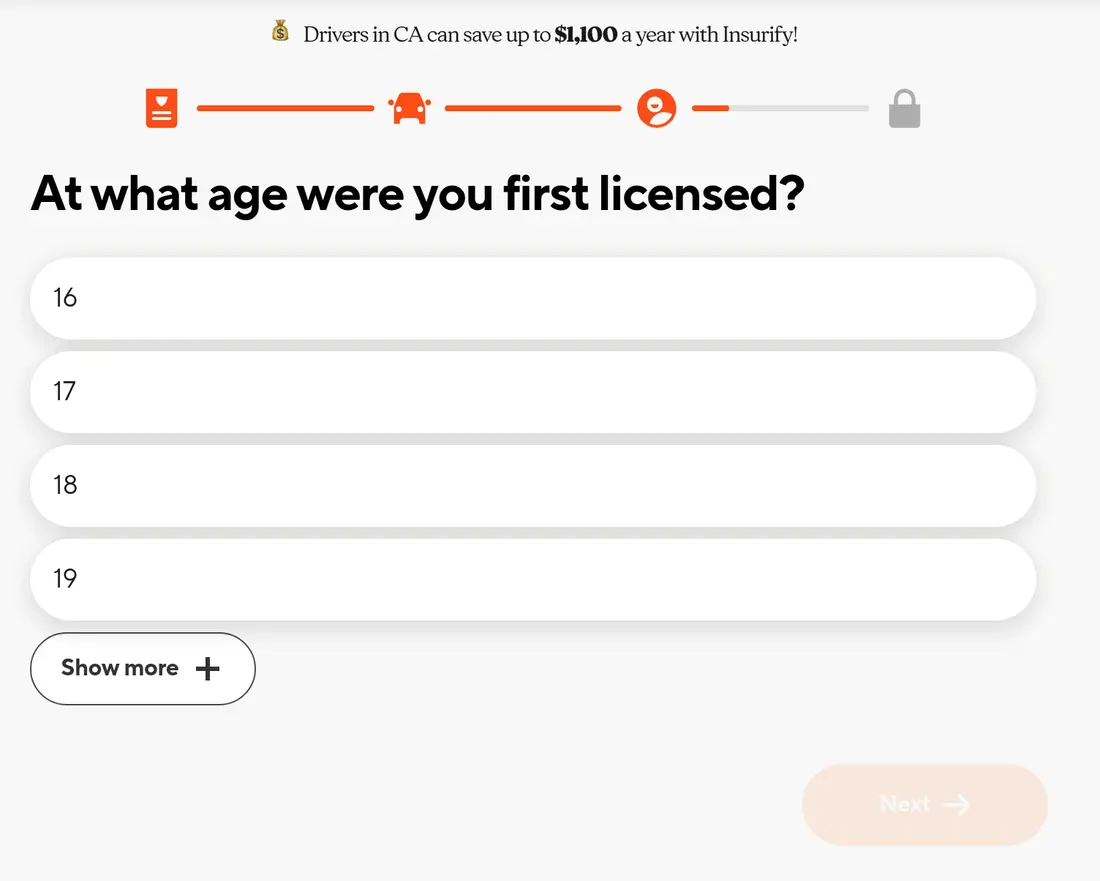 Insurify multi-step form screen 19: the age at which the driver was first licensed