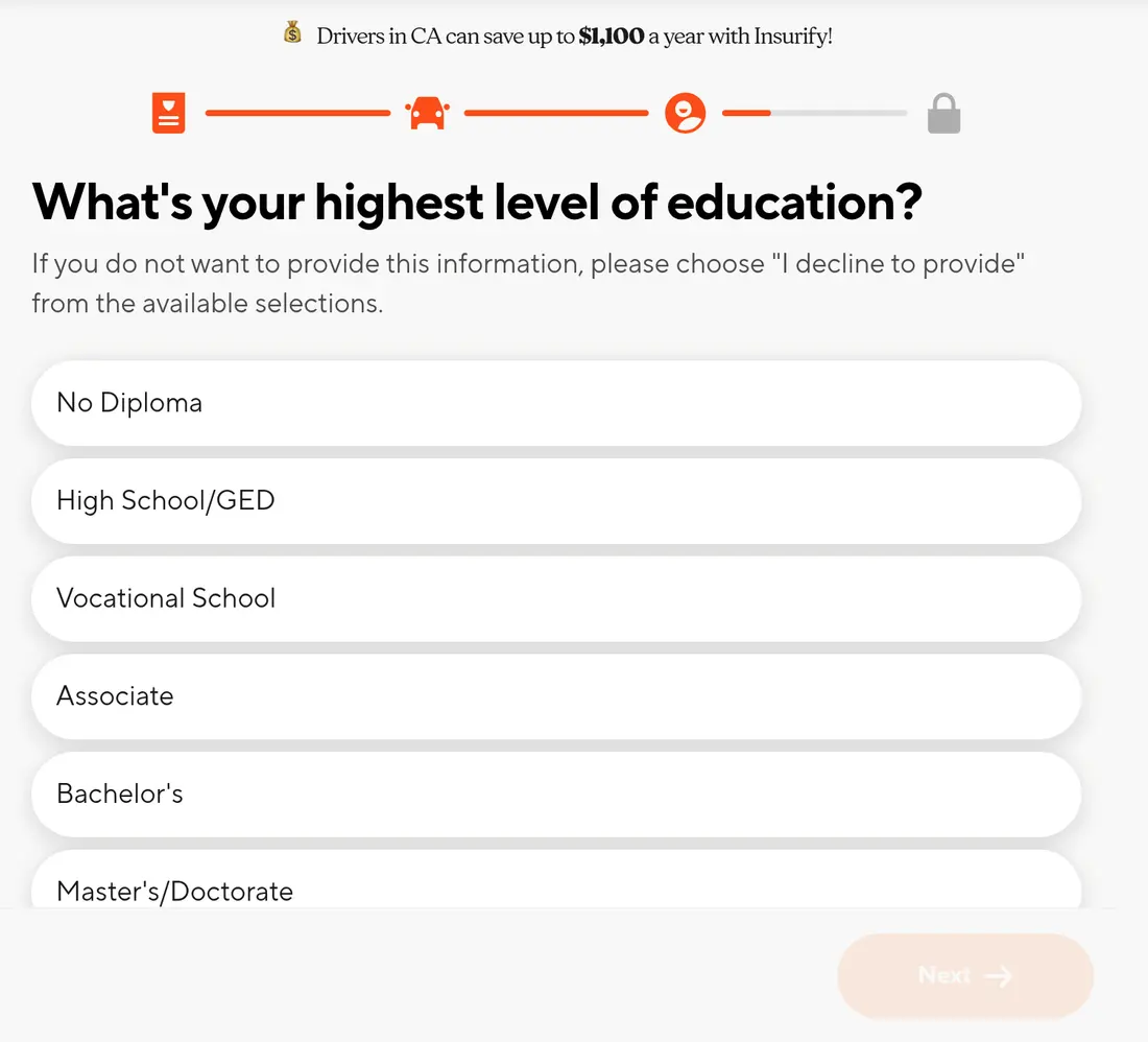 Insurify multi-step form screen 20: the driver&#x27;s highest level of education