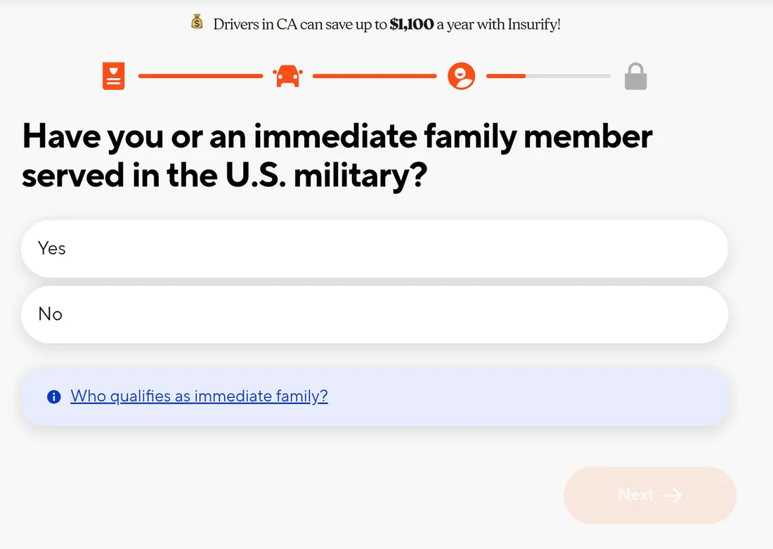 Insurify multi-step form screen 21: whether the driver or a family member served in the military