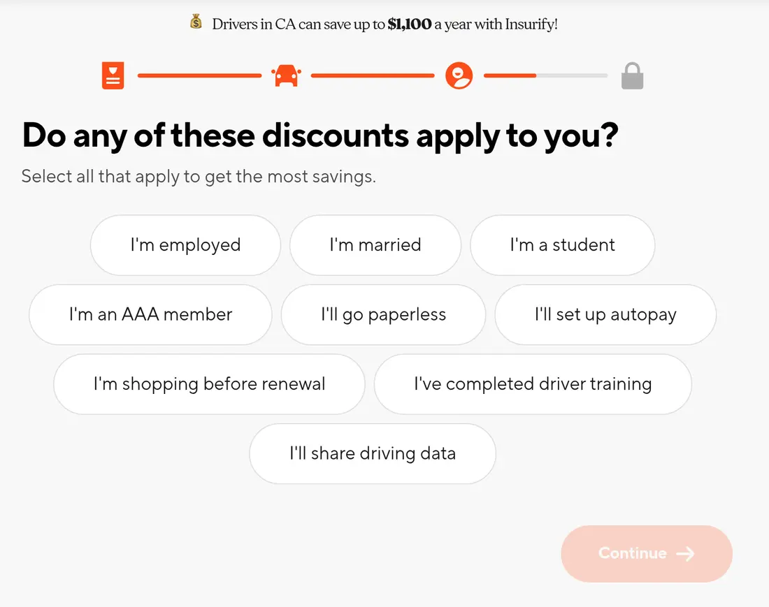 Insurify multi-step form screen 22: which discounts apply, as multi-select chips