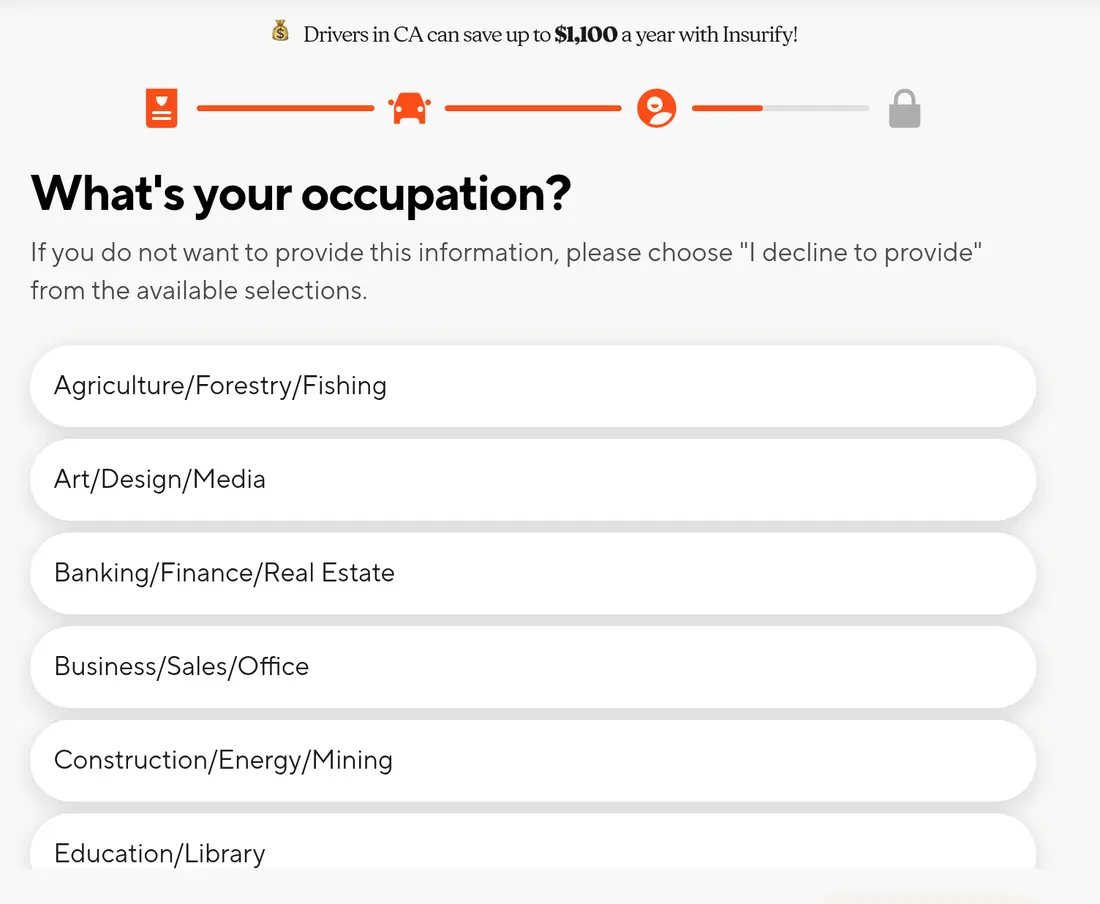 Insurify multi-step form screen 23: the driver&#x27;s occupation, by industry