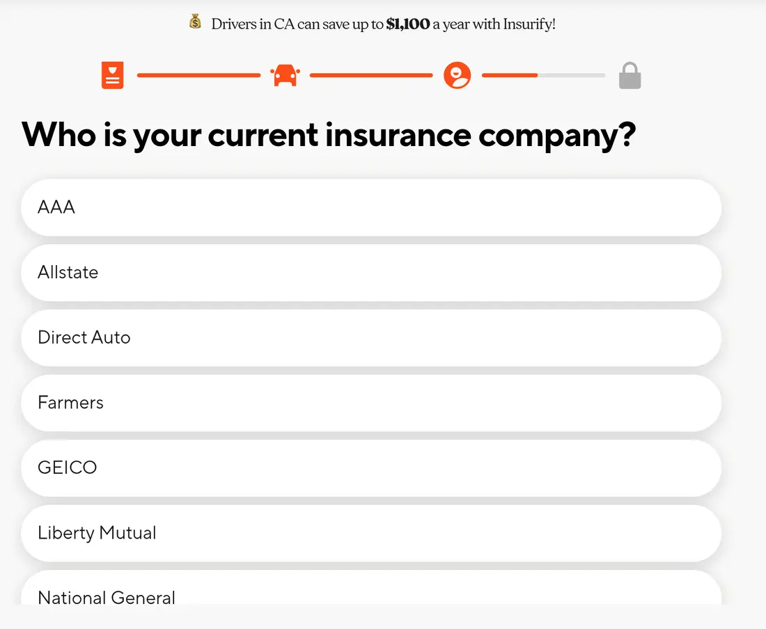 Insurify multi-step form screen 24: the current insurance company, from a list of insurers