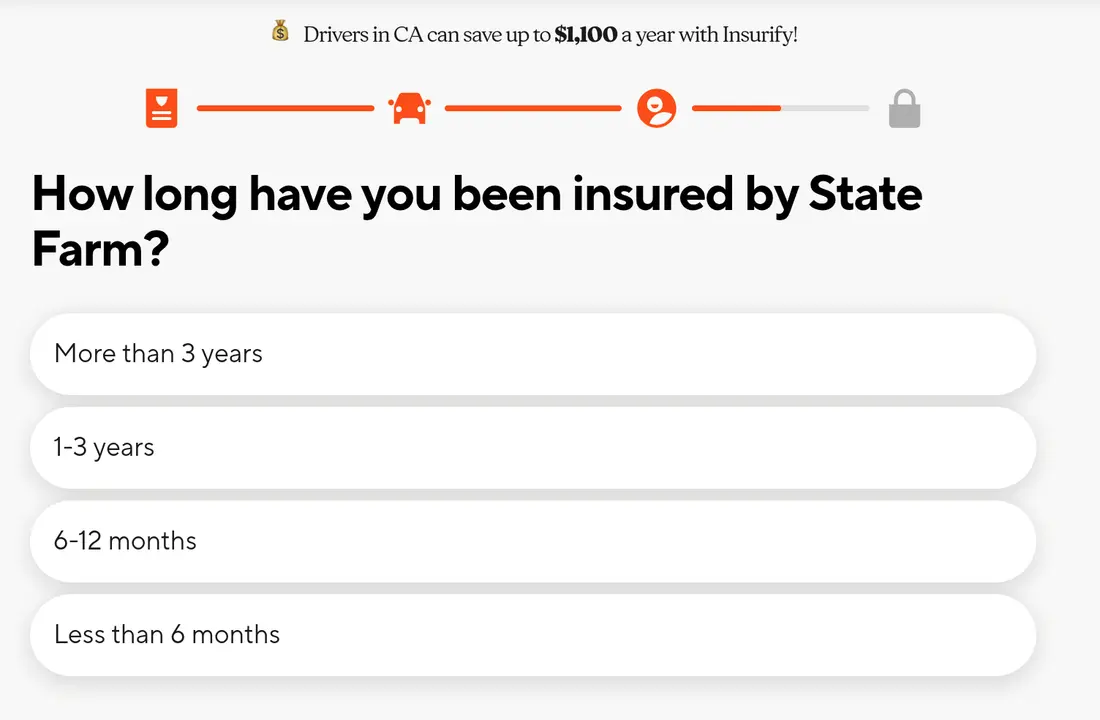 Insurify multi-step form screen 25: how long the driver has been with the current insurer