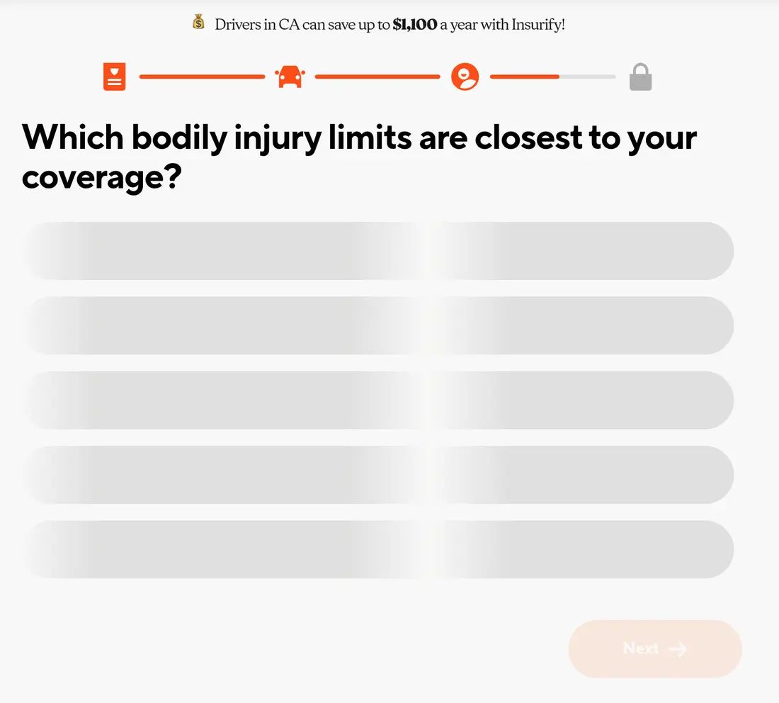 Insurify multi-step form screen 26: the bodily injury limits question while the options load