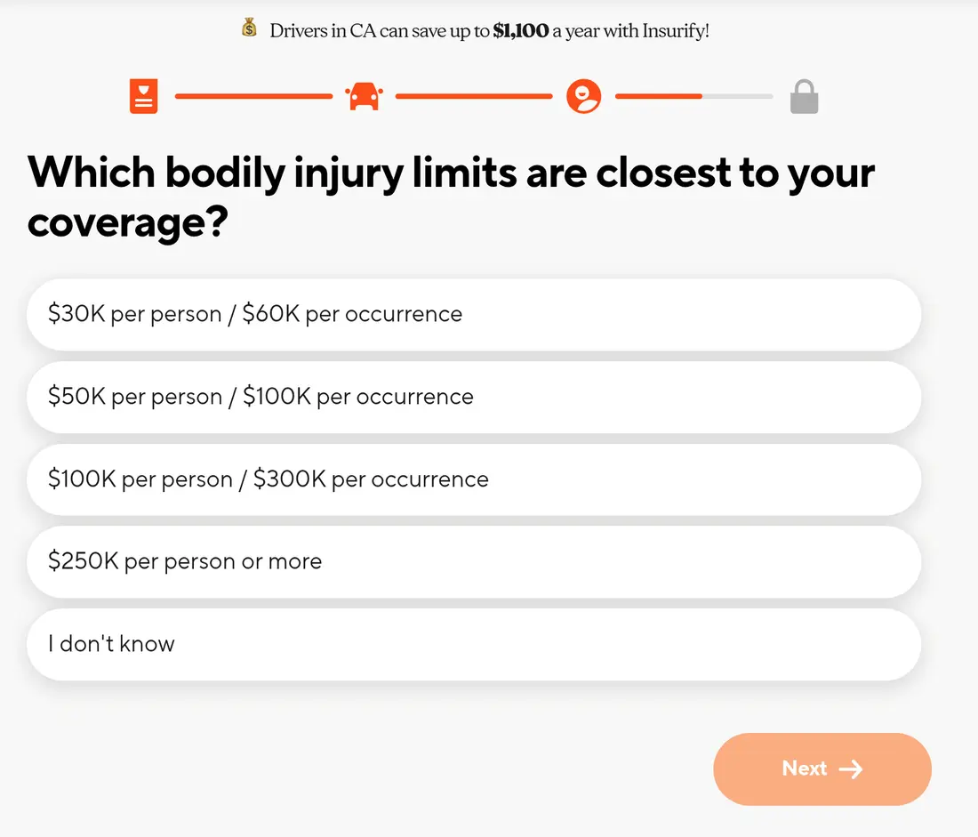 Insurify multi-step form screen 27: the current bodily injury limits, with an I don&#x27;t know option