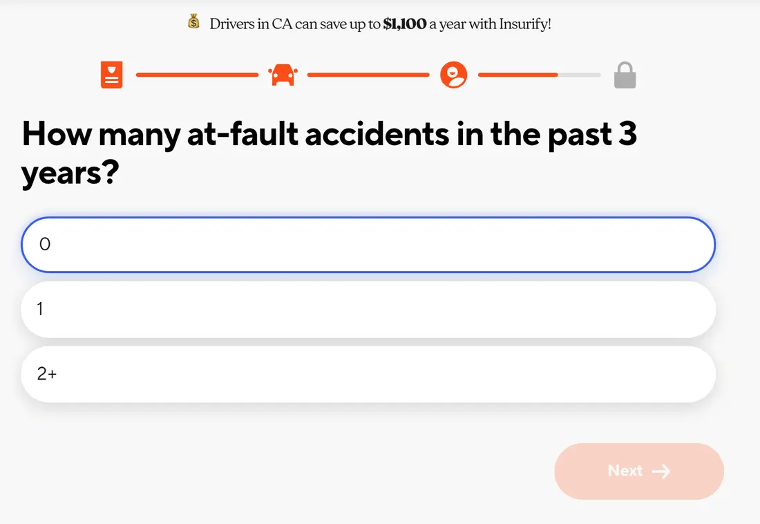 Insurify multi-step form screen 28: the number of at-fault accidents in the past three years