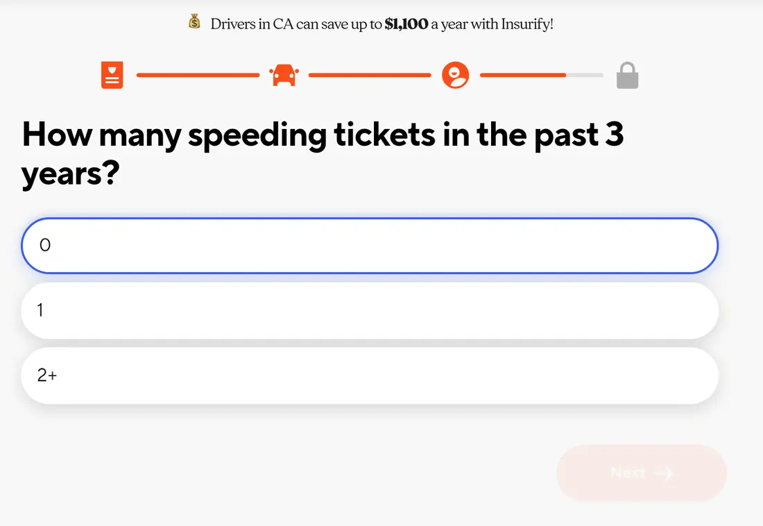 Insurify multi-step form screen 29: the number of speeding tickets in the past three years