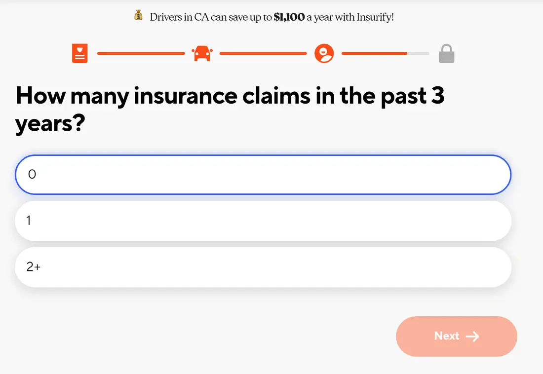 Insurify multi-step form screen 30: the number of insurance claims in the past three years