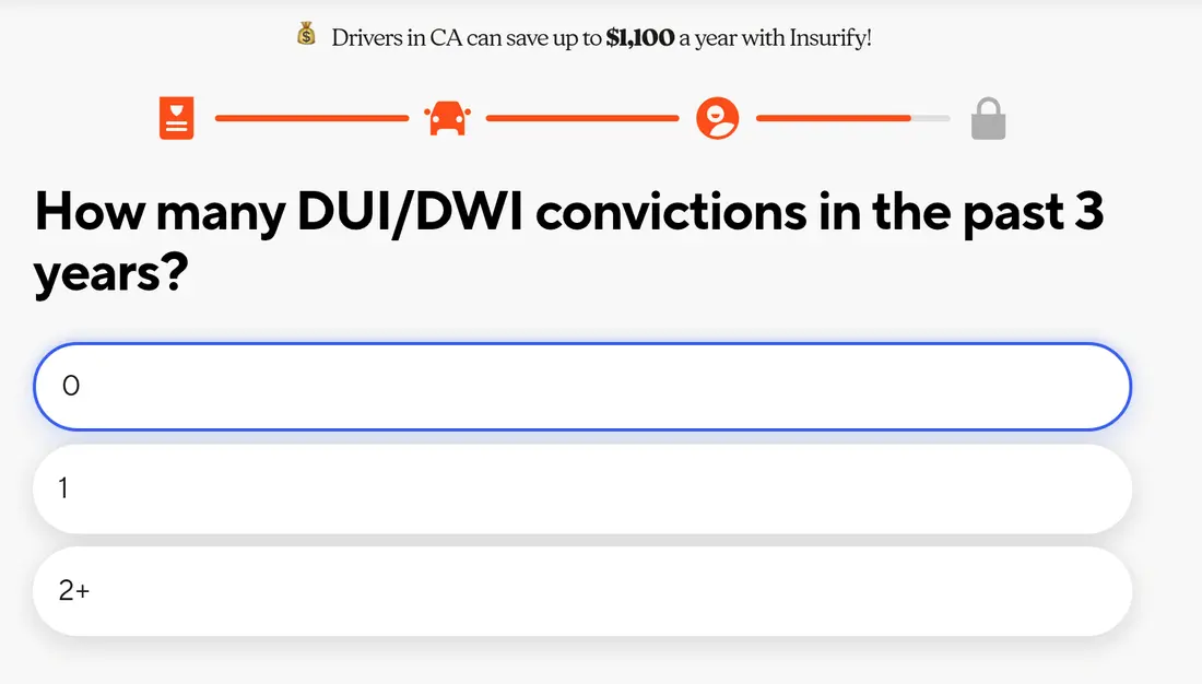 Insurify multi-step form screen 31: the number of DUI or DWI convictions in the past three years
