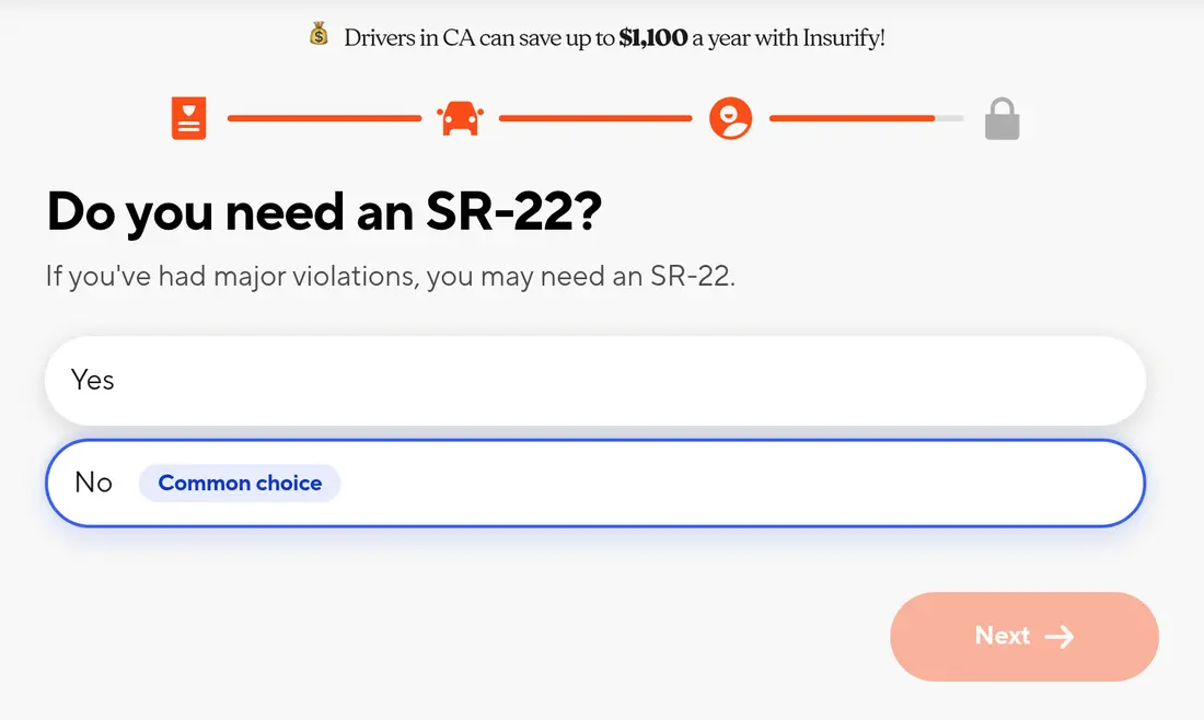 Insurify multi-step form screen 32: whether the driver needs an SR-22 filing