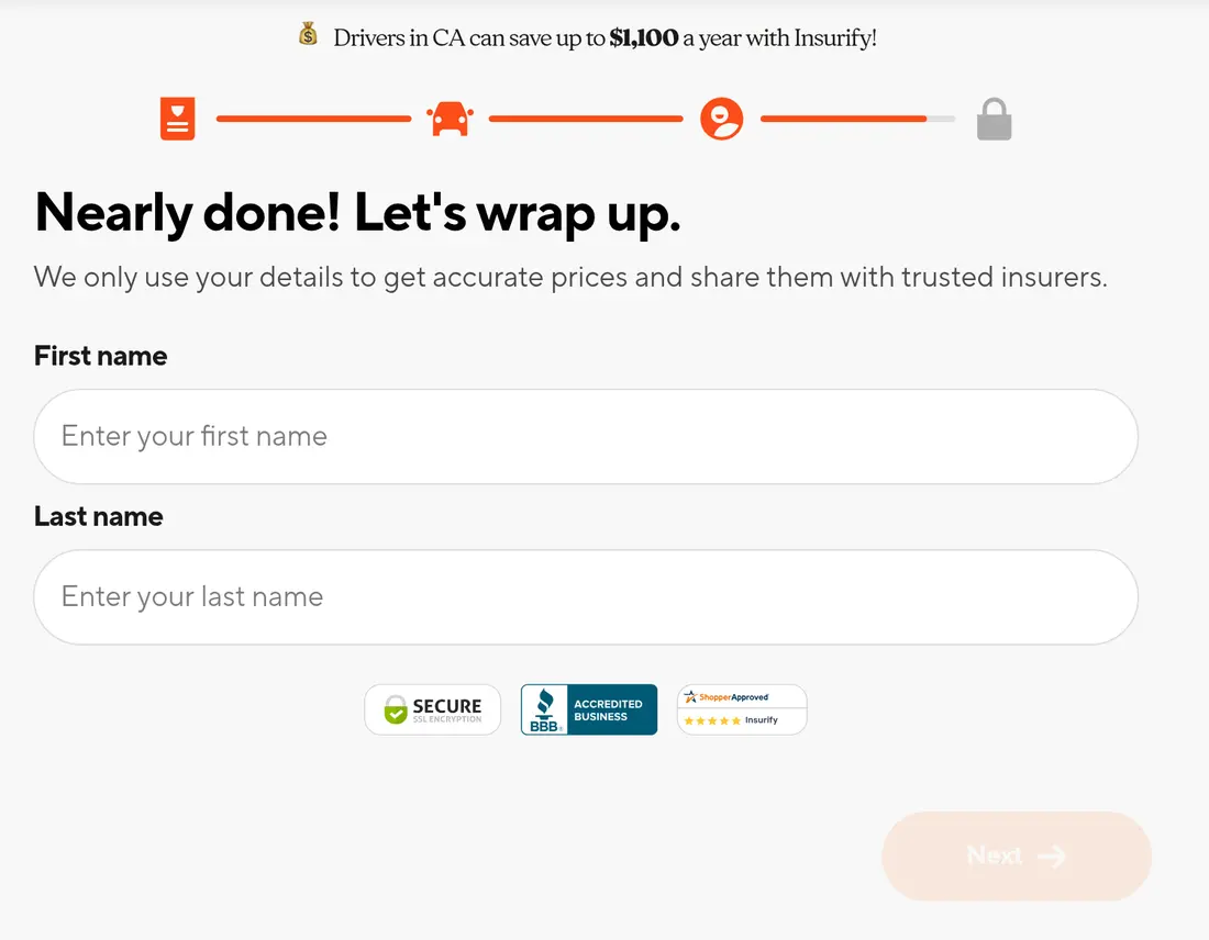 Insurify multi-step form screen 33: the driver&#x27;s first and last name