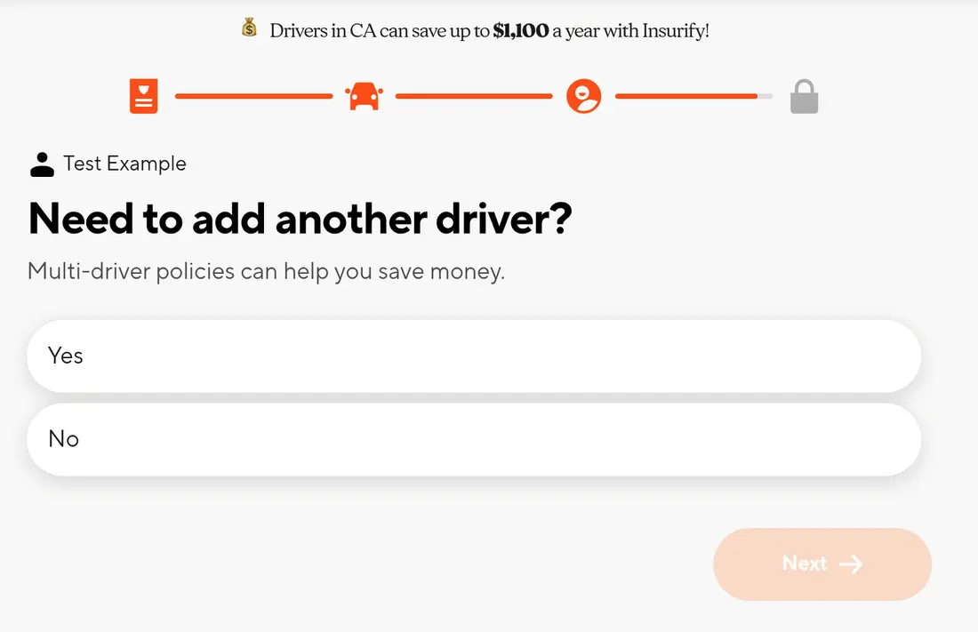 Insurify multi-step form screen 34: whether to add another driver to the policy