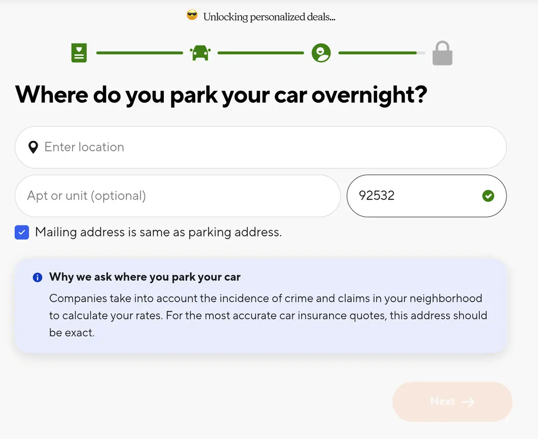 Insurify multi-step form screen 35: the address where the car is parked overnight, with an explanation of why it is asked