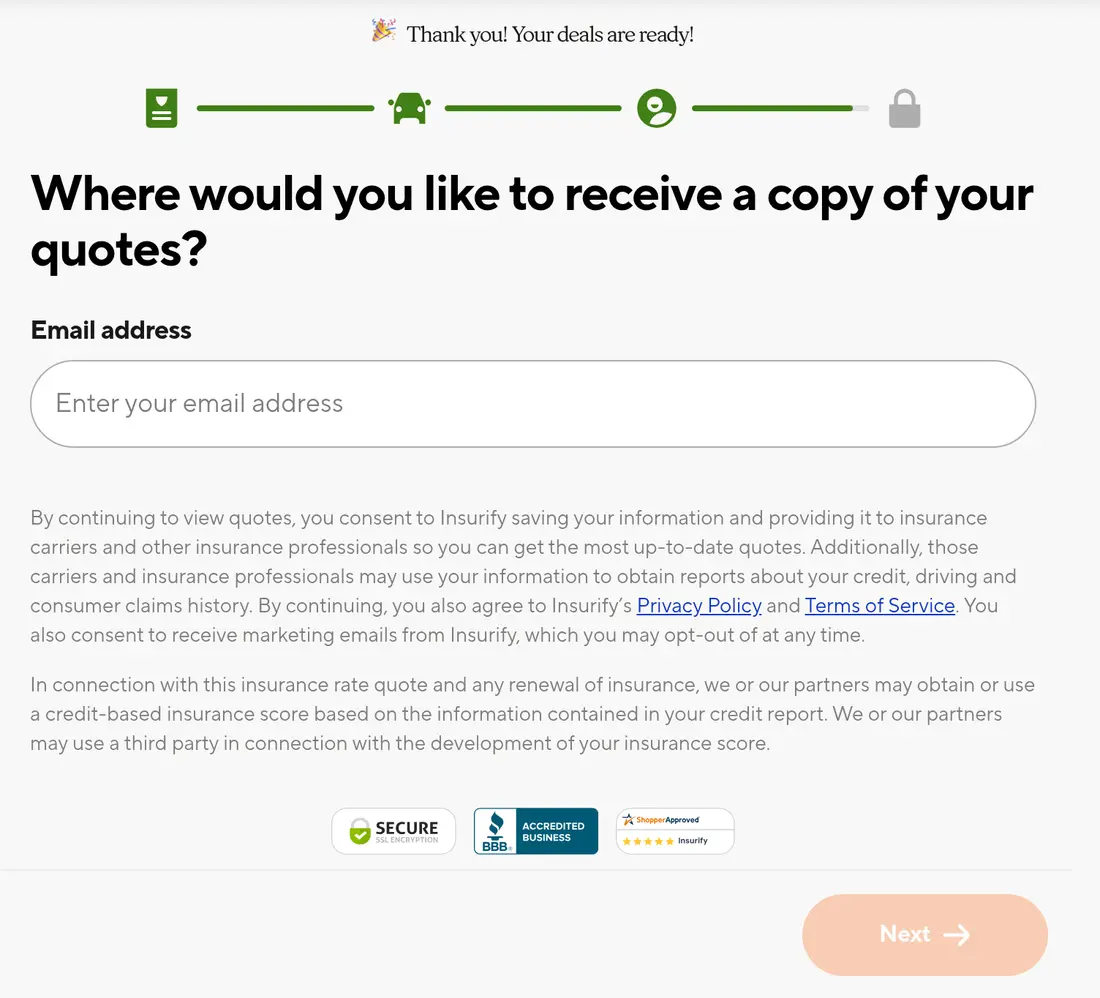 Insurify multi-step form screen 36: the email address for the quotes, above the data-sharing disclosure