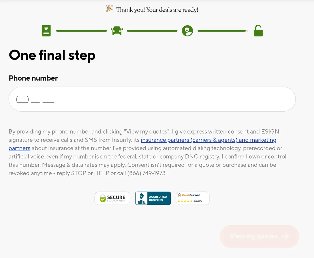 Insurify multi-step form screen 37: the phone number, above the call and text consent and the View my quotes button