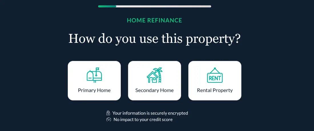 LendingTree multi-step form screen 2: whether the property is a primary home, a second home or a rental