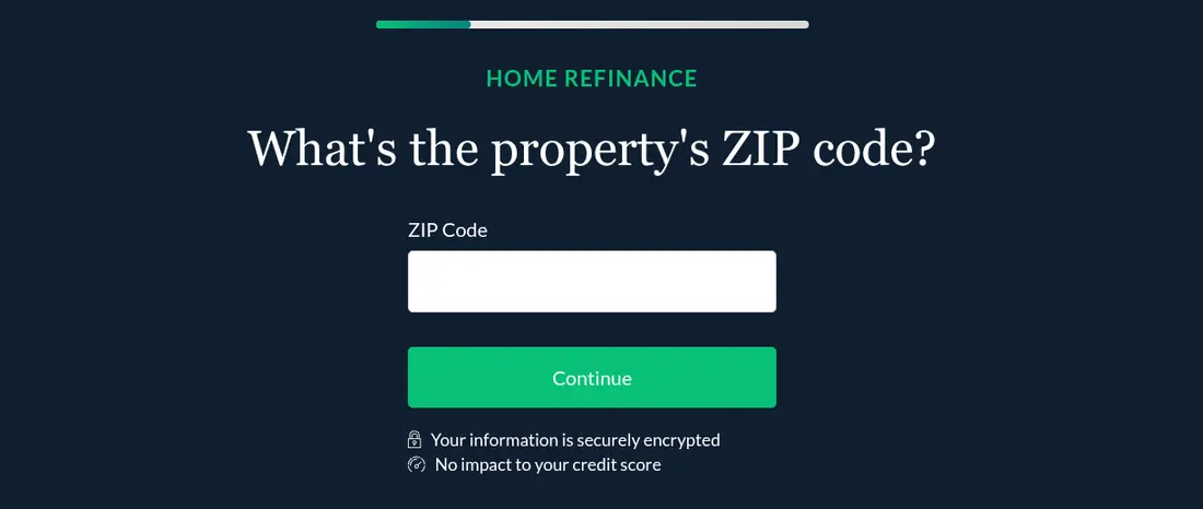 LendingTree multi-step form screen 3: the property&#x27;s ZIP code