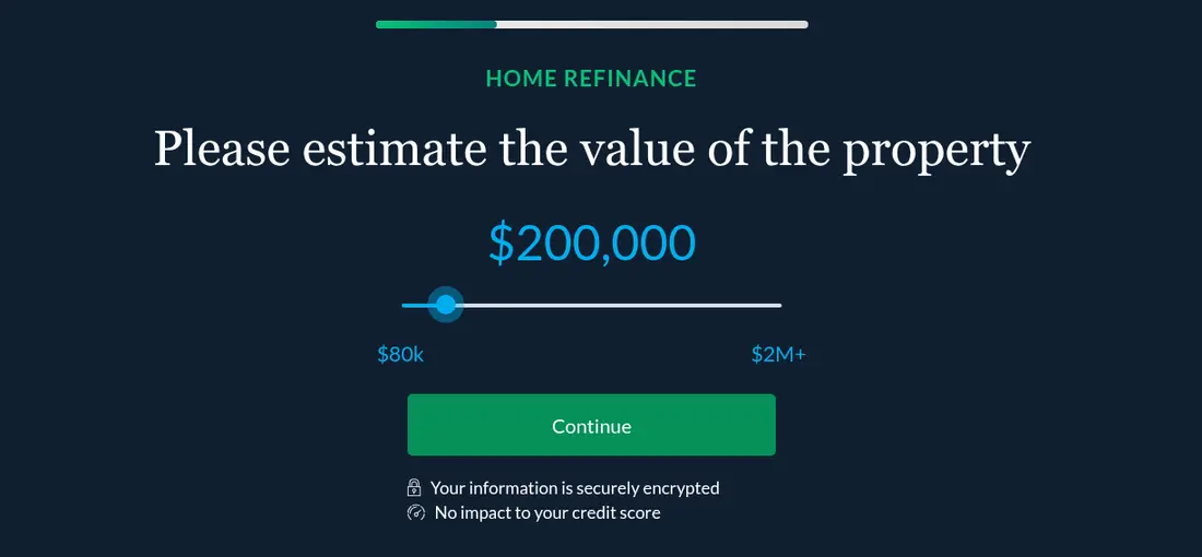 LendingTree multi-step form screen 4: the estimated property value, on a slider from $80k to $2M+