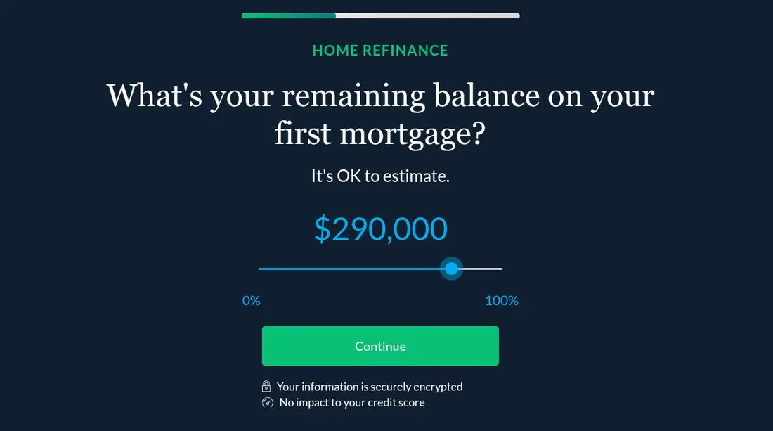 LendingTree multi-step form screen 5: the remaining mortgage balance, on a slider