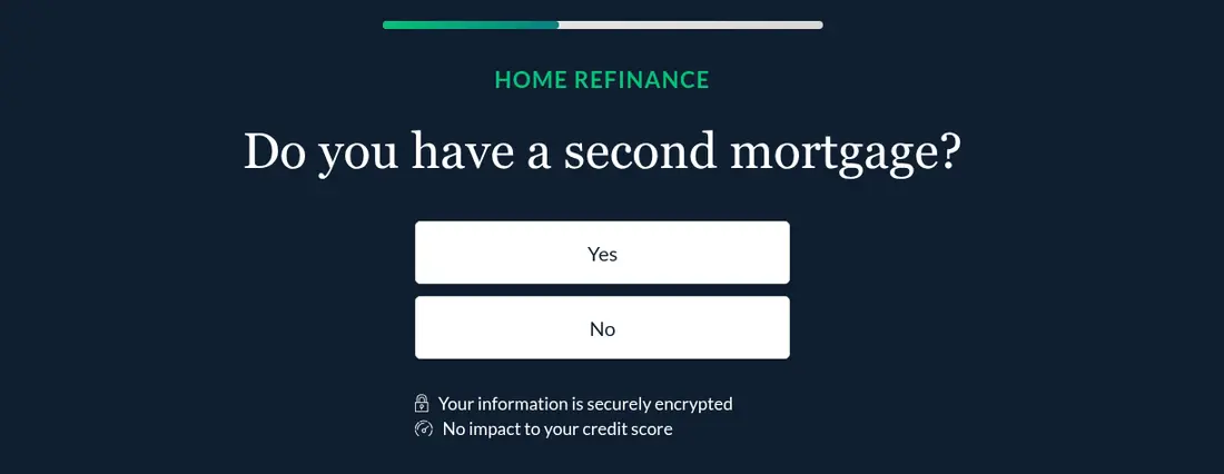 LendingTree multi-step form screen 6: whether you have a second mortgage