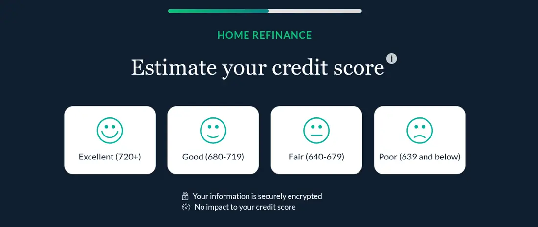 LendingTree multi-step form screen 7: your credit score range, as face-icon tiles from excellent to poor