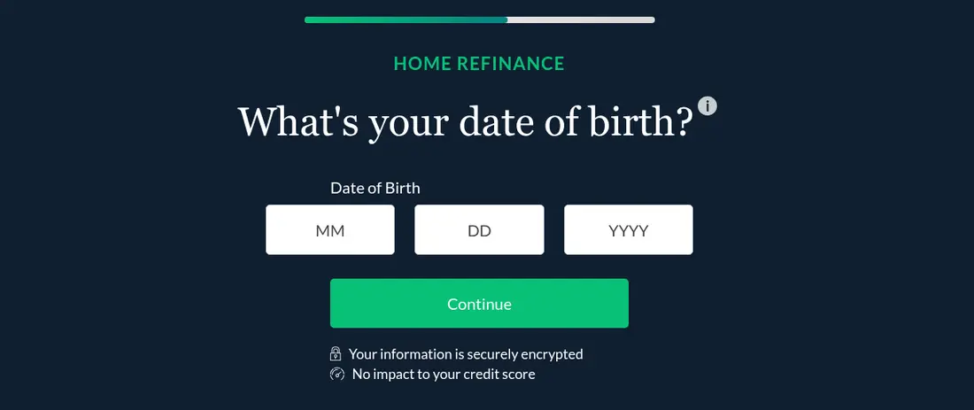 LendingTree multi-step form screen 8: your date of birth in month, day and year fields