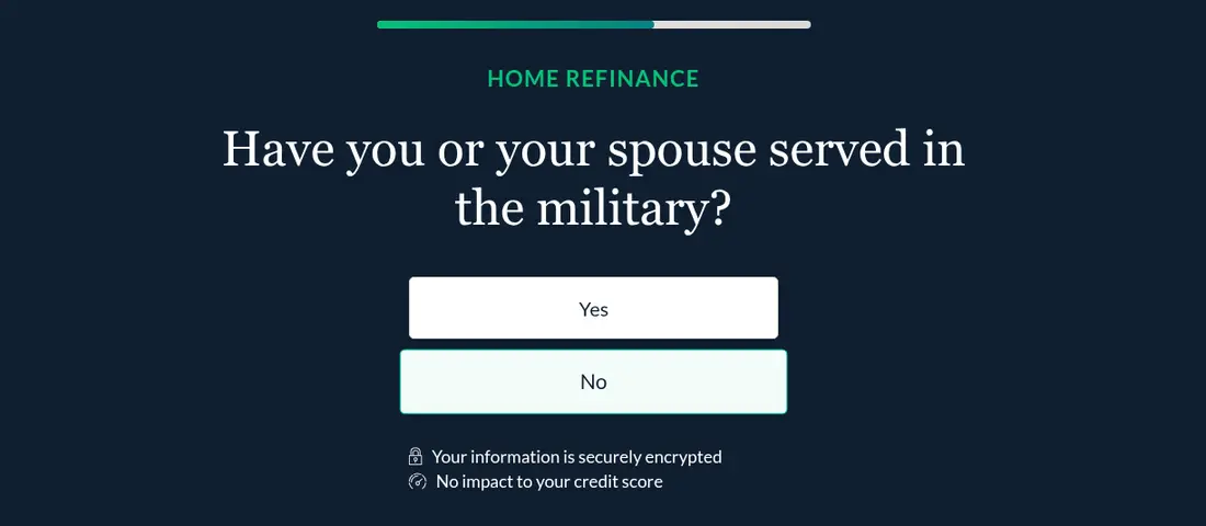 LendingTree multi-step form screen 9: whether you or your spouse served in the military