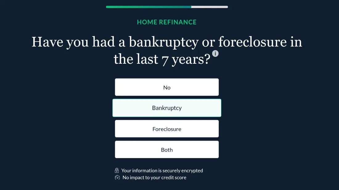 LendingTree multi-step form screen 10: whether you had a bankruptcy or foreclosure in the last seven years