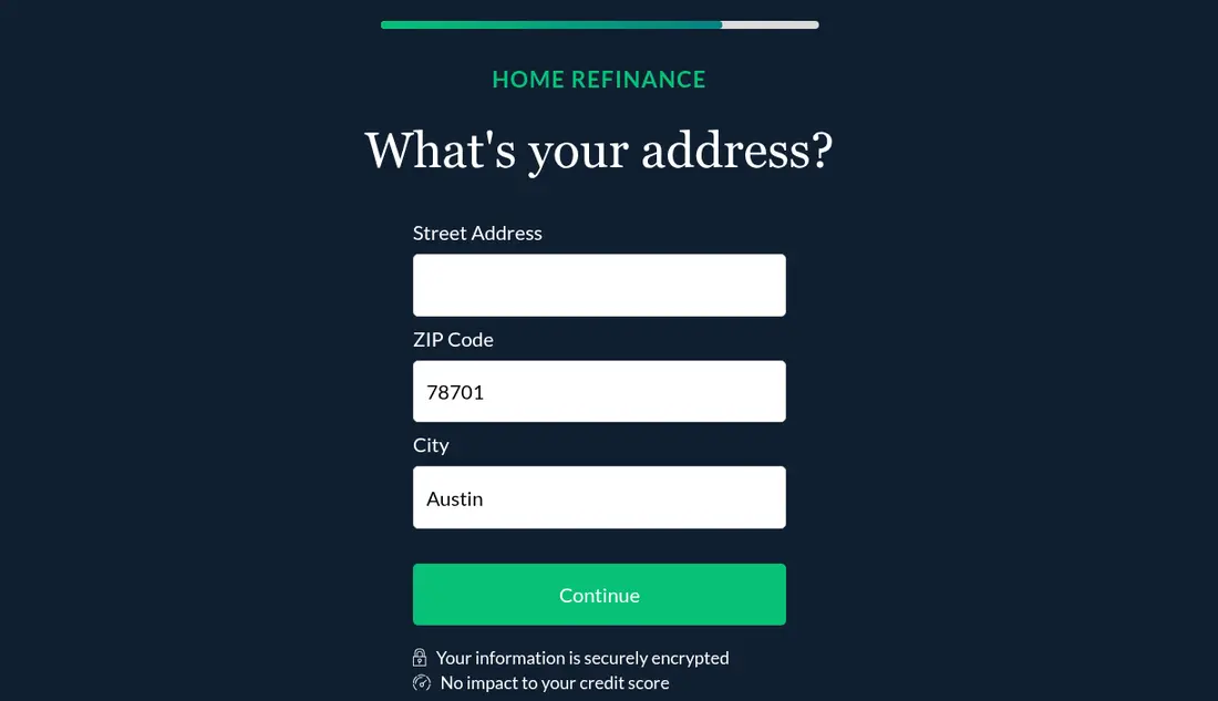 LendingTree multi-step form screen 11: your street address, with the ZIP code and city filled in from earlier answers