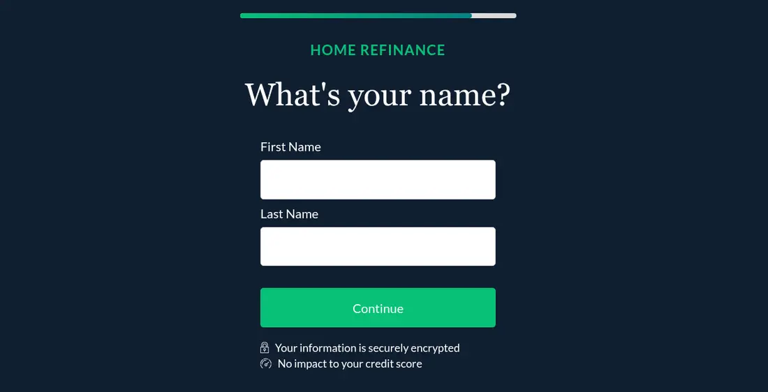 LendingTree multi-step form screen 12: your first and last name