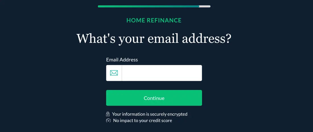 LendingTree multi-step form screen 13: your email address